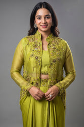 Olive Green Raw Silk Designer Heavy Worked Crop Top Jacket with Pleated Dhoti Skirt - green silk saree