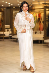 White Raw Silk Designer Heavy Worked Crop Top Jacket with Pleated Dhoti Skirt