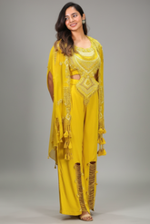 Yellow Raw Silk Designer Heavy Worked Crop Top Palazzo with Jacket - yellow silk saree