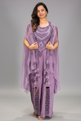Purple Raw Silk Designer Heavy Worked Crop Top Palazzo with Jacket - purple silk saree