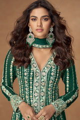Green Chinon Silk Embroidered Front Slit Cut Suit