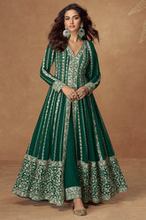 Green Chinon Silk Embroidered Front Slit Cut Suit