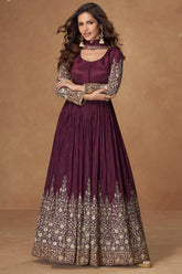 Maroon Chinon Silk Embroidered Anarkali Suit