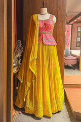 Pink Silk Embellished Sequin Worked Slit Cut Peplum Top with Lehenga