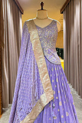 Purple Embellished Sequin Cutdana Worked Slit Cut Peplum Top with Lehenga