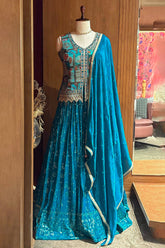 Blue Embellished Sequin Cutdana Worked Slit Cut Peplum Top with Lehenga