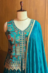 Blue Embellished Sequin Cutdana Worked Slit Cut Peplum Top with Lehenga