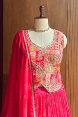 Pink Embellished Sequin Cutdana Worked Peplum Top with Lehenga