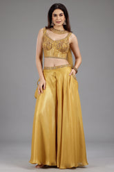 Yellow Crepe Silk Sequin Beaded Corset with Palazzo and Dupatta - yellow silk saree