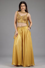 Yellow Crepe Silk Sequin Beaded Corset with Palazzo and Dupatta - yellow silk saree