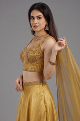 Yellow Crepe Silk Sequin Beaded Corset with Palazzo and Dupatta - yellow silk saree