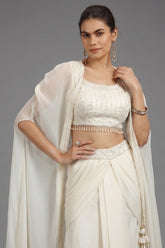 Pearl White Georgette Embellished Crop Top with Draped Skirt with Jacket - white georgette saree