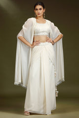 Pearl White Georgette Embellished Crop Top with Draped Skirt with Jacket