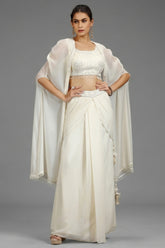 Pearl White Georgette Embellished Crop Top with Draped Skirt with Jacket - white georgette saree