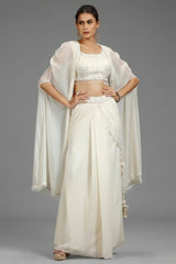 Pearl White Georgette Embellished Crop Top with Draped Skirt with Jacket - white georgette saree