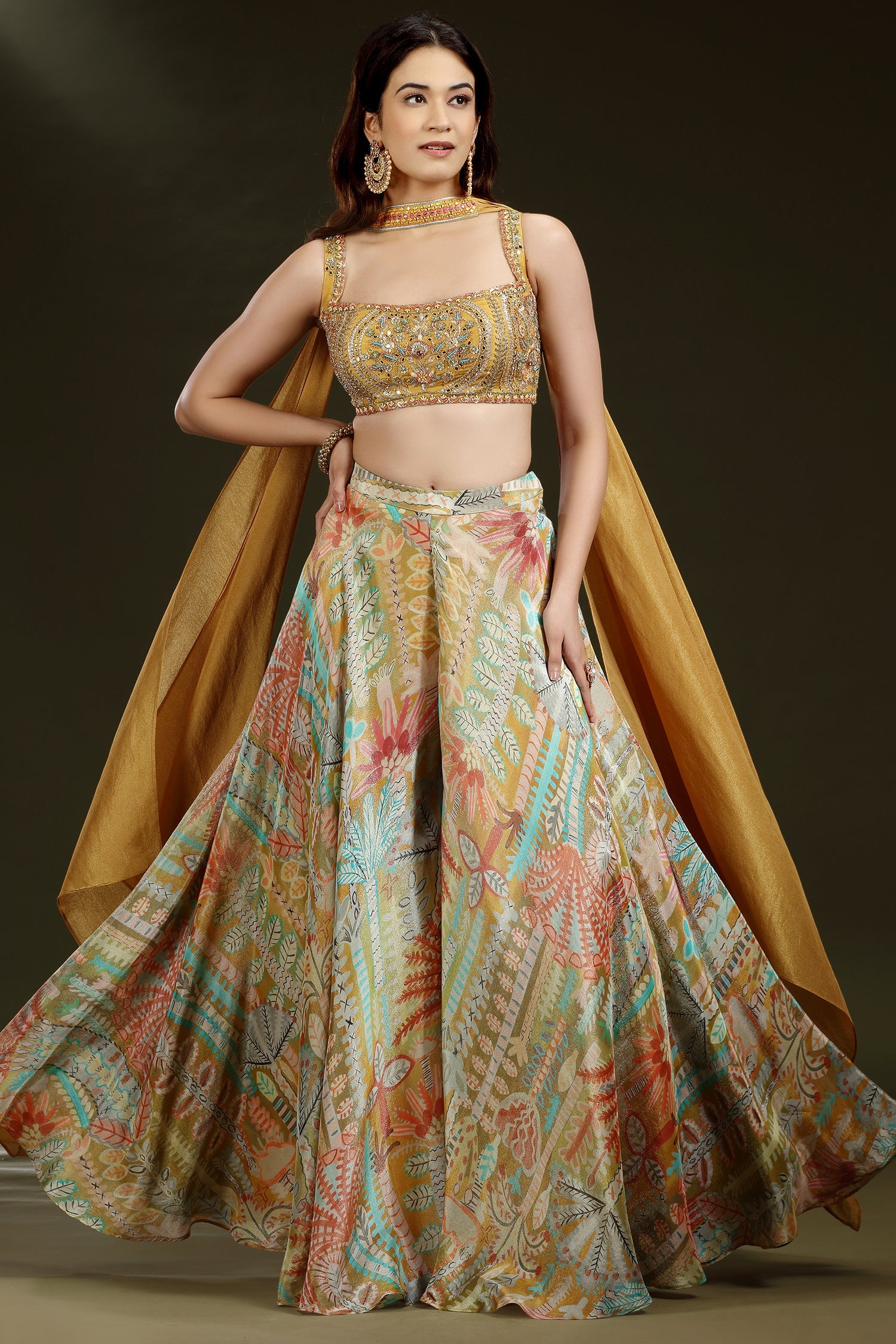 Yellow Crepe Silk Mirror Beaded Crop Top Palazzo Set - yellow silk saree