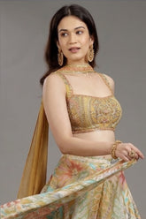 Yellow Crepe Silk Mirror Beaded Crop Top Palazzo Set - yellow silk saree