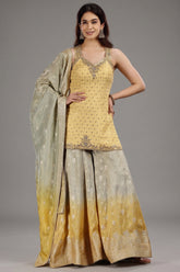 Yellow Jacquard Silk Palazzo Set with Beads and Mirror Work - yellow silk saree