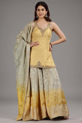 Yellow Jacquard Silk Palazzo Set with Beads and Mirror Work - yellow silk saree