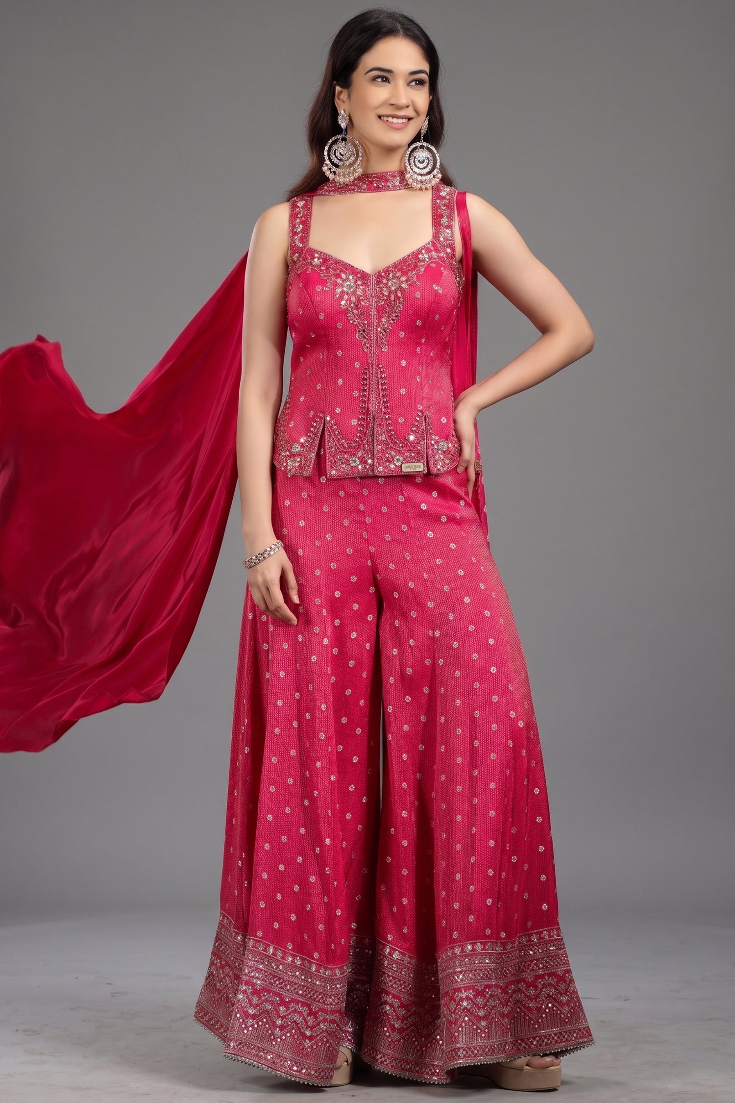 Pink Silk Sequin Mirror Worked Palazzo Set - pink silk saree