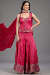 Pink Silk Sequin Mirror Worked Palazzo Set - pink silk saree
