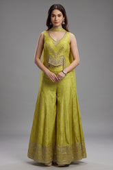 Parrot Green Silk Sequin Mirror Worked Palazzo Set - green silk saree