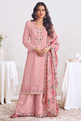 Light Pink Chinon Embroidered Palazzo Suit