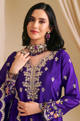 Purple Chinon Embroidered Palazzo Suit