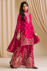Dark Pink Chinon Embroidered Palazzo Suit