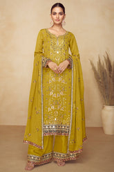 Yellow Chinon Straight Cut Embroidered Palazzo Suit