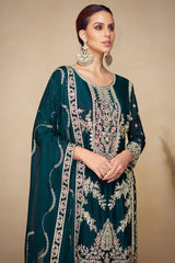 Rama Blue Chinon Straight Cut Embroidered Palazzo Suit
