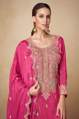 Pink Chinon Straight Cut Embroidered Palazzo Suit