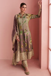 Light Green and Brown Art Silk Printed Suit