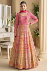 Pink and Orange Georgette Embroidered Anarkali Suit