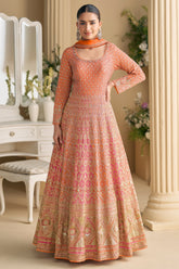 Orange and Pink Georgette Embroidered Anarkali Suit