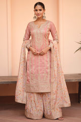 Peach Shimmer Silk Embroidered Palazzo Suit