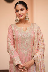 Peach Shimmer Silk Embroidered Palazzo Suit