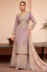 Lavender Purple Shimmer Silk Embroidered Palazzo Suit