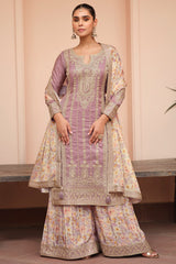 Lavender Purple Shimmer Silk Embroidered Palazzo Suit