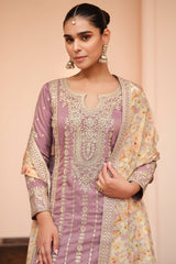 Lavender Purple Shimmer Silk Embroidered Palazzo Suit