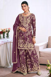 Purple Chinon Printed Palazzo Suit