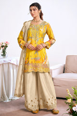 Yellow Chinon Printed Palazzo Suit