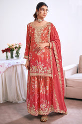 Rust Orange Chinon Printed Palazzo Suit