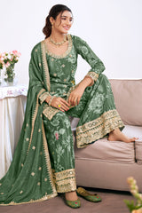 Green Chinon Printed Palazzo Suit