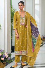 Mustard Chinon Straight Cut Embroidered Suit