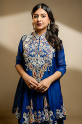 Blue Organza Handworked Bodice Asymmetrical Skirt Set - blue organza saree