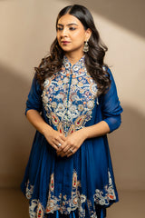 Blue Organza Handworked Bodice Asymmetrical Skirt Set