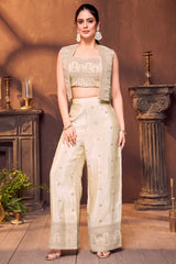 Cream Chinon Sequin Embroidered Palazzo Set with Short Jacket