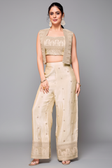 Cream Chinon Sequin Embroidered Palazzo Set with Short Jacket