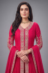 Pink Chinon Georgette Embroidered Slit Cut Palazzo Suit